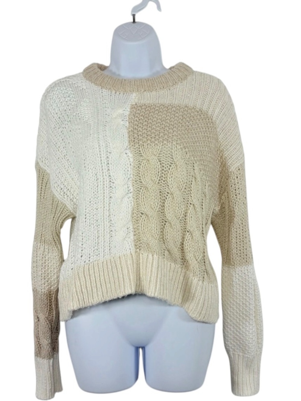 Aerie Patchwork Crew Neck Cable Knit Long Sleeve Cream and Sweater SzXS Cozy